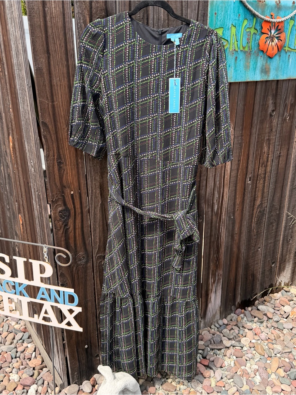 Draper James Black Midi Dress with Green, Purple & Blue Plaid